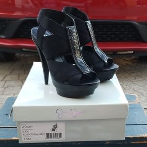 Black Embellished Elastic Platform Heel